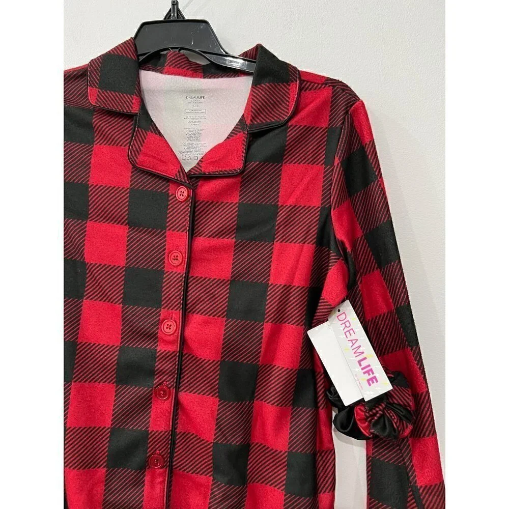New DreamLife Size Kids S (7-9) Flannel Pajama Set w/Scrunchies Black/Red Plaid
